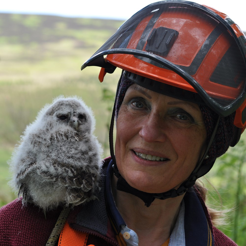 Woman wearing a safety helmet, with an owl on her shoulder
